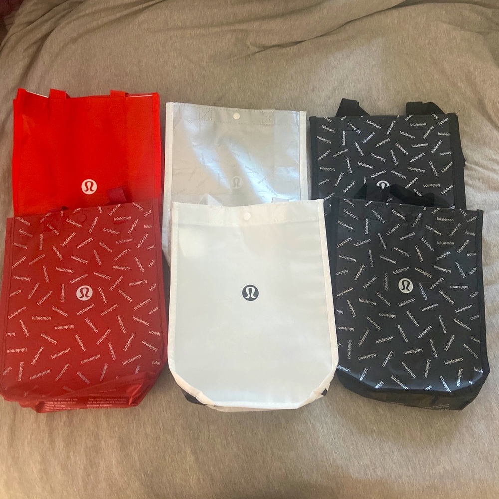 Lot of 6 Lululemon Shopping tote bags - red, white, black